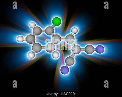 Gas CS. Il modello molecolare di 2-chlorobenzalmalononitrile (C10.H5.Cl.N2), il componente principale del gas CS, chiamato anche gas lacrimogeni. Esposizione a questa sostanza chimica provoca una sensazione di bruciore nel naso, bocca e gola, e provoca gravi (irrigazione) le lacrime agli occhi. È usato come un tumulto di agente di controllo. Gli atomi sono rappresentati da sfere e sono codificati a colori: carbonio (grigio), Idrogeno (bianco), Azoto (blu) e cloro (verde). Illustrazione. Foto Stock