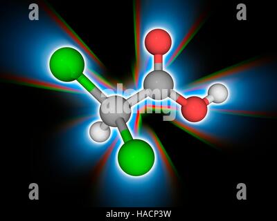 Acido dicloroacetico. Il modello molecolare della sostanza chimica acido dicloroacetico (C2.H2.Cl2.O2). Noto anche come DCA, questo è un analogo di acido acetico con due atomi di idrogeno vengono sostituiti da atomi di cloro. Gli atomi sono rappresentati da sfere e sono codificati a colori: carbonio (grigio), Idrogeno (bianco), Ossigeno (rosso) e cloro (verde). Illustrazione. Foto Stock