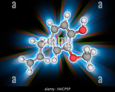 Eugenolo. Il modello molecolare della sostanza chimica phenylpropene eugenolo (C10.H12.O2). Si tratta di un colore giallo pallido liquido oleoso estratto da alcuni oli essenziali, soprattutto da olio di chiodi di garofano, noce moscata, la cannella, basilico e foglie di alloro. Esso è utilizzato in profumi e come aromatizzante. Gli atomi sono rappresentati da sfere e sono codificati a colori: carbonio (grigio), Idrogeno (bianco) e ossigeno (rosso). Illustrazione. Foto Stock