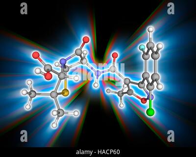 Floxacillin. Il modello molecolare del farmaco antibiotico floxacillin (C19.H17.cl.F.N3.O5.S), noto anche come flucloxacillina. Questa è una stretta-spettro antibiotico betalattamico della penicillina classe. Gli atomi sono rappresentati da sfere e sono codificati a colori: carbonio (grigio), Idrogeno (bianco), Azoto (blu), Ossigeno (rosso), cloro (verdi), fluoro (ciano) e zolfo (giallo). Illustrazione. Foto Stock