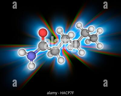 Esanammide. Il modello molecolare del composto organico e ammide esanammide (C6.H13.N.O), noto anche come capronamide. Questo prodotto chimico reagisce con azo e di diazo composti per generare gas tossici. Gli atomi sono rappresentati da sfere e sono codificati a colori: carbonio (grigio), Idrogeno (bianco), Azoto (blu) e ossigeno (rosso). Illustrazione. Foto Stock