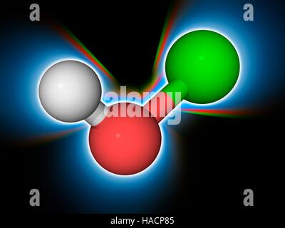 Acido ipocloroso. Il modello molecolare di acido debole acido ipocloroso (H.O.Cl). Questo è usato come un candeggiante, un deodorante e disinfettante. Gli atomi sono rappresentati da sfere e sono codificati a colori: idrogeno (bianco), Ossigeno (rosso) e cloro (verde). Illustrazione. Foto Stock