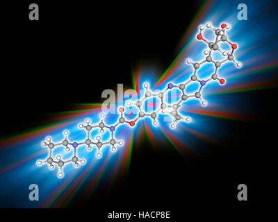 Irinotecano. Il modello molecolare del farmaco irinotecan (C33.H38.N4.O6), principalmente utilizzati in chemioterapia per il trattamento del cancro del colon. Gli atomi sono rappresentati da sfere e sono codificati a colori: carbonio (grigio), Idrogeno (bianco), Azoto (blu) e ossigeno (rosso). Illustrazione. Foto Stock