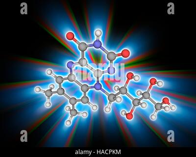 La vitamina B2. Il modello molecolare di riboflavina (C17.H20.N4.O6), noto anche come vitamina B2. Questa vitamina svolge un ruolo chiave nel metabolismo energetico. Precedentemente è stato conosciuto come vitamina G. atomi sono rappresentati come sfere e sono codificati a colori: carbonio (grigio), Idrogeno (bianco), Azoto (blu) e ossigeno (rosso). Illustrazione. Foto Stock
