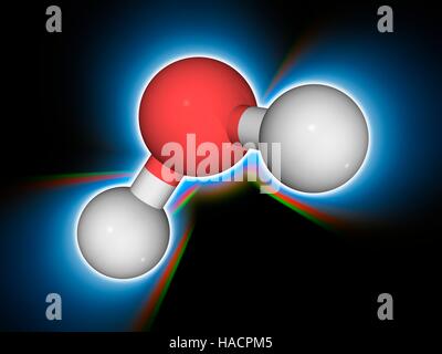 Acqua (H2.O), modello molecolare. Questo liquido è vitale per la vita. Acqua copre il 70 percento della superficie della terra. Gli atomi sono rappresentati da sfere e sono codificati a colori: idrogeno (bianco) e ossigeno (rosso). Illustrazione. Foto Stock