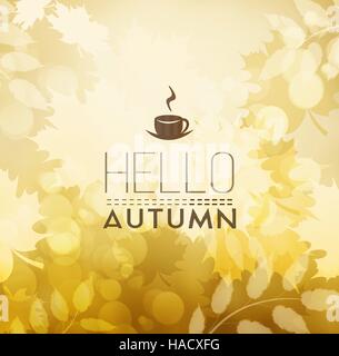 Autunno Autunno sfondo arancione con Maple Leafs, una tazza di caffè caldo e testo Illustrazione Vettoriale