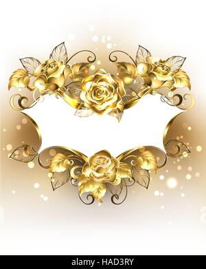 Gioielli in oro banner di brocade con oro splendente rose su uno sfondo luminoso. Design con rose. Oro rose. Illustrazione Vettoriale