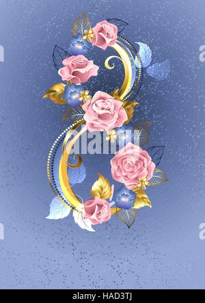 Otto di Interwoven le rose rosa e violette blu su una serena sfondo blu. Illustrazione Vettoriale