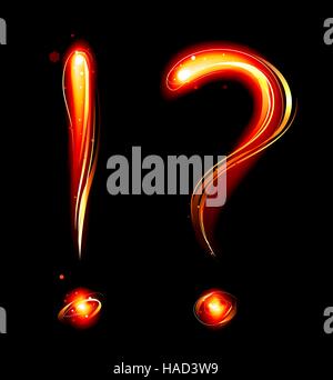 Un punto interrogativo o esclamativo dal fuoco su uno sfondo scuro. Illustrazione Vettoriale