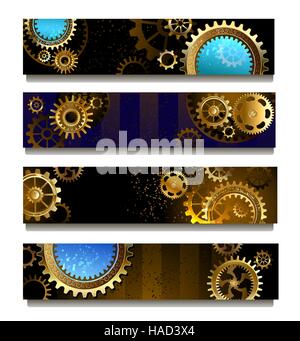 Quattro rettangolare banner orizzontale con ottone e ingranaggi di oro Illustrazione Vettoriale