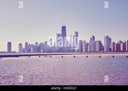 Retrò tonica foto di Chicago city skyline del centro, STATI UNITI D'AMERICA. Foto Stock