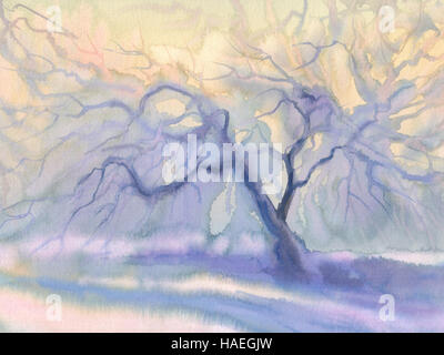 Paesaggio invernale acquerello sfondo. In inverno il paesaggio blu con alberi e neve. Foto Stock