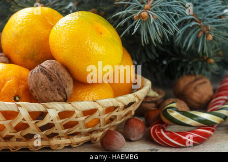Tangerini e i dadi in un cesto di vimini sullo sfondo dei rami di abete. Natale. Nuovo anno. Messa a fuoco selettiva Foto Stock
