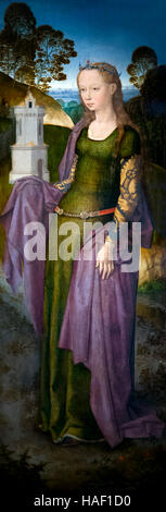 Pannello di destra di Santa Barbara, il Trittico di Adriaan Redini, da Hans Memling, 1480, St John's Hospital. Bruges, Belgio, Europa Foto Stock