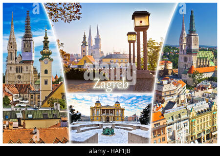 Città di Zagabria antichi monumenti cartolina con etichetta, capitale della Croazia collage Foto Stock