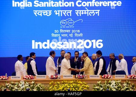 Il primo ministro Narendra Modi N Chandrababu Naidu cerimonia di inaugurazione di India Conferenza igiene New Delhi Foto Stock