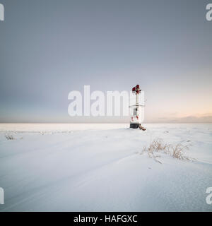 Piccolo faro nella neve a costa di Roslagen, Uppland in un freddo inverno mattina all'alba, Svezia e Scandinavia Foto Stock