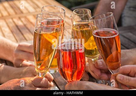 Gruppo di amici tintinnanti bicchieri di champagne Foto Stock