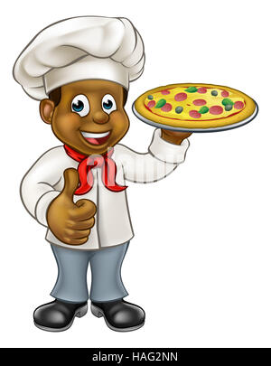 Cartoon chef nero carattere cook tenendo un pizza e dare un pollice in alto Foto Stock