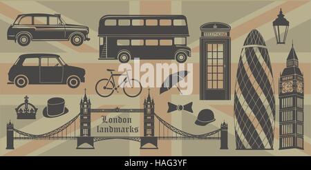 Set di vettore dei punti di riferimento di Londra Gran Bretagna simboli isolato Illustrazione Vettoriale