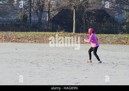 Wandsworth Common, Londra, Regno Unito. 30 Novembre, 2016. Luminose frosty mattina come Londra temperature scenda al di sotto di zero durante la notte. Credito: JOHNNY ARMSTEAD/Alamy Live News Foto Stock