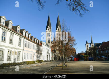 Halberstadt, Germania. 28 Nov, 2016. La cattedrale evangelica san Stephanus e San Sisto (L) e la chiesa Martini al Dom plaza a Halberstadt, Germania, 28 novembre 2016. La cattedrale gotica fu inaugurato nel 1491 ed è uno dei pochi grandi chiese della cattedrale francese regime in Germania. Foto: Jens Kalaene/dpa-Zentralbild/ZB/dpa/Alamy Live News Foto Stock