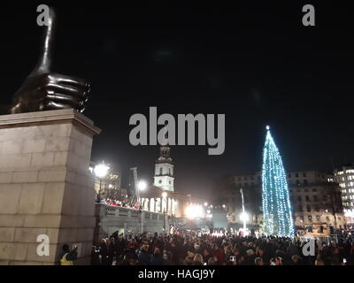 Londra, Regno Unito. 01 Dic, 2016. Albero di Natale illuminato su Trafalgar Square, Londra, UK Credit: Nastia M/Alamy Live News Foto Stock