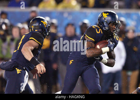 Morgantown, West Virginia, USA. Xix Nov, 2016. West Virginia alpinisti running back JUSTIN CRAWFORD #25 assume un trasferimento dalla West Virginia alpinisti quarterback SKYLER HOWARD #3 durante una partita giocata al campo alpinista a Morgantown WV. Oklahoma beat WVU 56-28. © Ken Inness/ZUMA filo/Alamy Live News Foto Stock