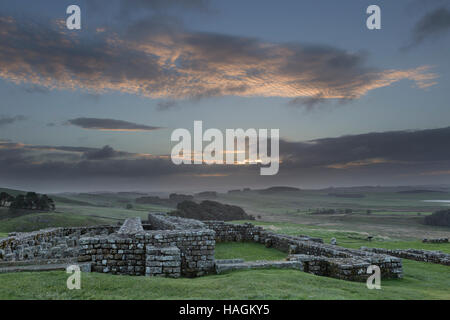 I resti del granaio visto quasi all alba Housesteads Roman Fort, il vallo di Adriano, Northumberland, Inghilterra Foto Stock