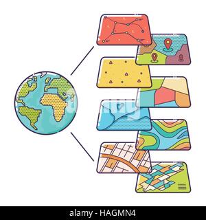 Illustrazione Vettoriale di GIS i livelli dei dati spaziali di concetto per analisi del Business, sistema di informazione geografica, le icone del design, linea Illustrazione Vettoriale