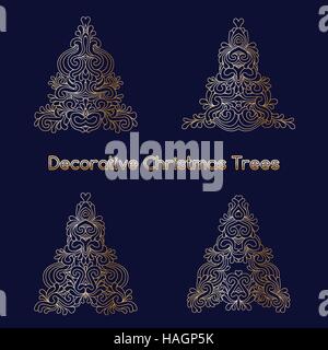 Set di decorativo stilizzato orientali di alberi di Natale su sfondo blu scuro Illustrazione Vettoriale