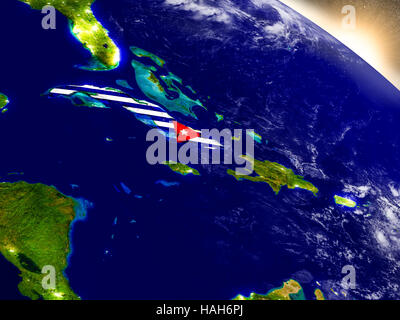 Cuba con embedded bandiera sul pianeta superficie durante il sunrise. 3D illustrazione con altamente dettagliata pianeta realistico superficie visibile e luci della citta'. Eleme Foto Stock