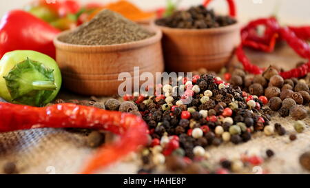 Macro di spezie di miscelazione. Impostare i peperoni a piatti a base di carne. Peperoncino e pepe della Giamaica nero Foto Stock