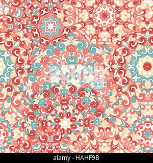Seamless colorato modello etnico con i mandala in stile orientale. Centrini rotondo con verde, rosso e giallo riccioli e volute tessitura arabesque tradizionale ornamento di pizzo. Illustrazione Vettoriale. Illustrazione Vettoriale