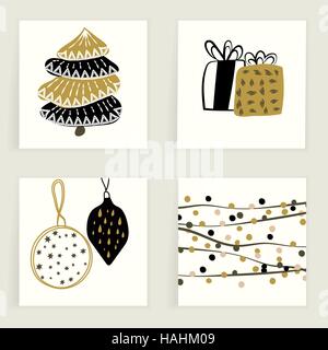 Quattro carte. Disegnata a mano creative elemento festoso. Coloratissimi sfondi artistici con decorazione di Natale Illustrazione Vettoriale