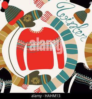 Seamless pattern con l'abbigliamento invernale. Woollies caldo. Abbigliamento per il tempo freddo. Guanti,cappelli, sciarpa, maglioni con ornamento Illustrazione Vettoriale