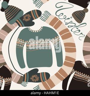 Seamless pattern con l'abbigliamento invernale. Woollies caldo. Abbigliamento per il tempo freddo. Guanti,cappelli, sciarpa, maglioni con ornamento Illustrazione Vettoriale