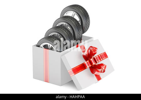 Confezione regalo con pneumatici e ruote 3D rendering isolati su sfondo bianco Foto Stock