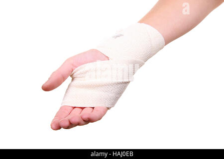 Ferito alla mano con bendaggio Foto Stock