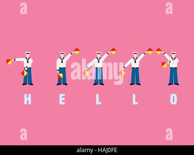 Design piatto marinai di segnalazione della parola hello con bandiera sistema semaphore Illustrazione Vettoriale