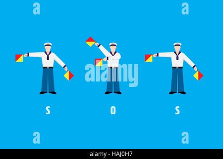 Design piatto marinai sventolando SOS con il segnale flag da bandiera sistema semaphore Illustrazione Vettoriale