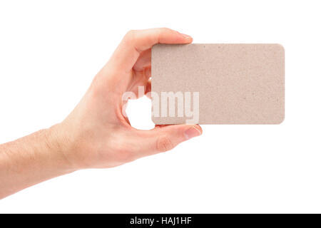 Blank business card in mano isolato su bianco Foto Stock