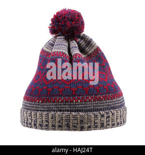 Maglia di lana Cappello invernale con pom pom isolato su bianco Foto Stock