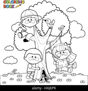 Bambini che giocano su un albero nel giardino. I bambini nel parco giochi giocano nella natura. Pagina di colorazione vettoriale in bianco e nero. Illustrazione Vettoriale