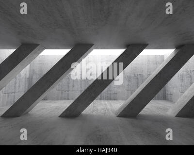 Abstract architettura sfondo, vista frontale di un vuoto scuro interni in calcestruzzo con diagonale di colonne e soffitto bianco finestra. 3d illustrazione Foto Stock
