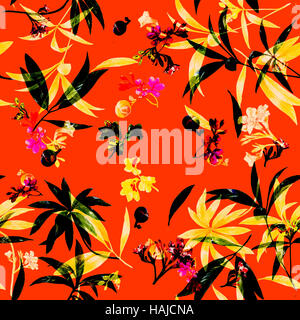 Illustrazione acquarello dipinto di foglie e fiori, seamless pattern su sfondo arancione Foto Stock