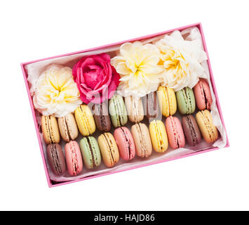 Amaretti colorati e fiori. Dolce macarons in confezione regalo. Vista dall'alto. Isolato su sfondo bianco Foto Stock