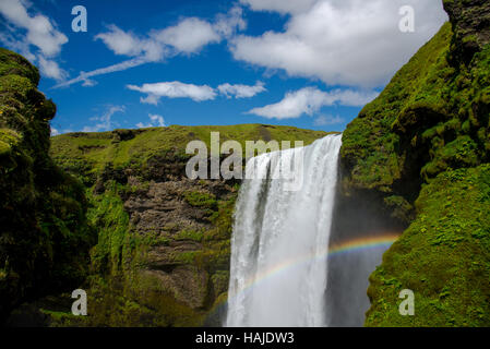 Cascata skogafoss con rainbow in Islanda Foto Stock