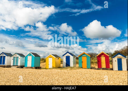 Spiaggia di capanne, Southwold, Suffolk, Regno Unito Foto Stock