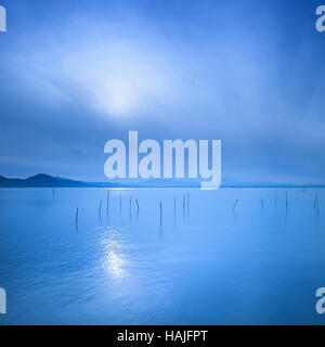 Superficie di acqua e pali in una mattina blu sul lago Trasimeno, Umbria Italia. Colline sullo sfondo. Foto Stock